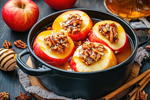 Delicious baked apples filled with pecans and drizzled with honey sit in a black rustic pan. Fresh red apples and cinnamon sticks surround the dish, enhancing the warm atmosphere.