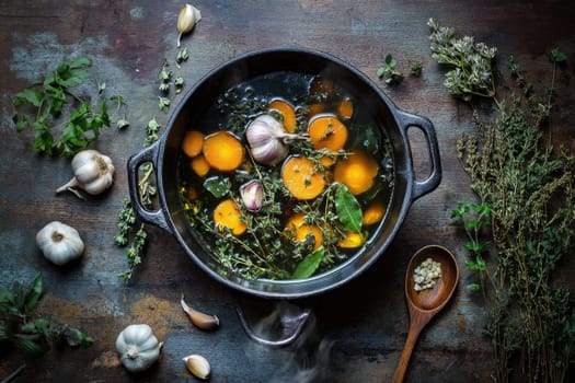 Colorful ingredients like carrots and garlic are softly simmering in a pot filled with fragrant herbs on a wooden surface. The scene evokes a cozy cooking atmosphere ideal for meal preparation.