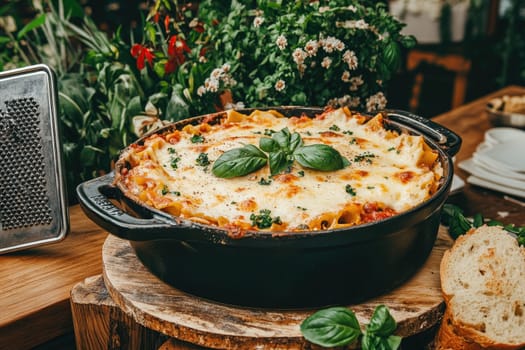 A delicious homemade lasagna is served in a black casserole dish, topped with basil leaves. The warm, inviting atmosphere enhances the meal's appeal with plants and fresh bread nearby.