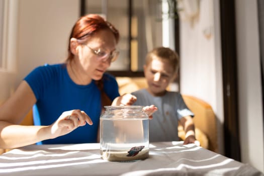Mother and son observing a colorful betta fish swimming in a glass jar placed on a table, creating a cozy domestic scene