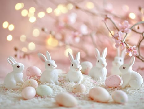 Soft pink Easter scene with decorative bunnies and pastel eggs.