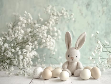 Soft green pastel Easter background with scattered eggs and adorable bunny for holiday decor.