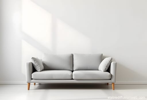 A minimalist living room concept with a gray sofa against a white background. Perfect for interior design, furniture, or lifestyle projects