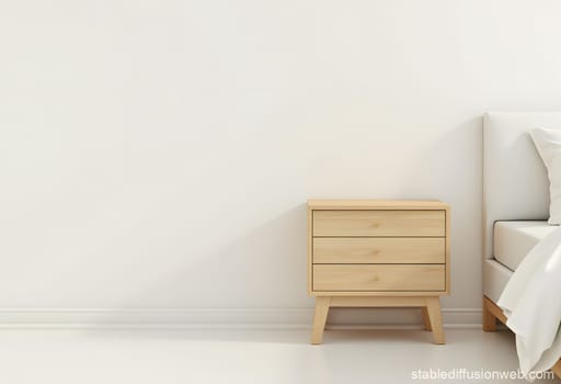 A clean white background featuring a light wood dresser and the edge of a bed, perfect for banner placement. Ideal for interior design, furniture, or promotional content