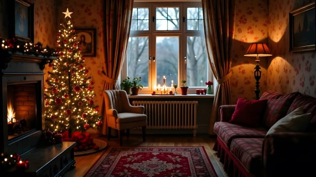 A cozy twilight room illuminated by soft light, featuring a beautifully decorated Christmas tree and vintage furniture reminiscent of a grandmother's home. Perfect for holiday and nostalgic themes