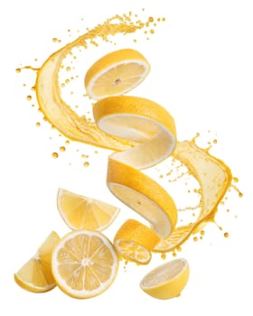 Fresh lemon slices with a dynamic juice splash, isolated on white background. Perfect for citrus, refreshing drinks, and healthy food concepts.
