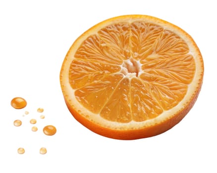 Freshly sliced orange with juicy pulp and vibrant color, covered in natural droplets, isolated on white background. Perfect for food, drinks, and culinary projects.