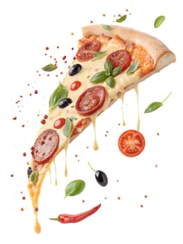 A dynamic flying pizza slice with melted cheese, tomatoes, olives, and basil, isolated on white background. Perfect for fast food and Italian cuisine concepts.