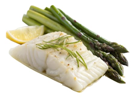 A delicate steamed cod fillet served with fresh asparagus, lemon, and rosemary, isolated on white background. Perfect for healthy eating and gourmet food concepts.