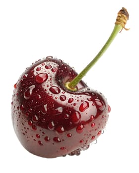 A ripe cherry with a rich red color and a long green stem, covered in fresh water droplets, isolated on white background. Perfect for food photography, summer themes, and fresh fruit visuals.