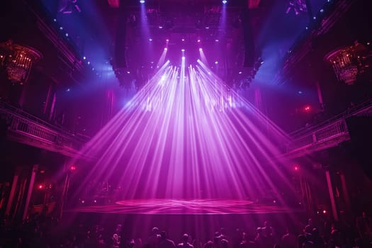 An empty stage in a nightclub filled with people is illuminated by purple spotlights.