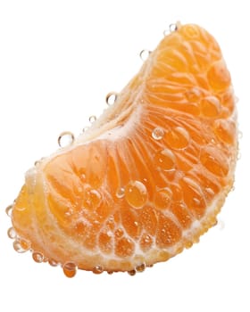 A juicy mandarin segment covered in fresh droplets, isolated on white background. Perfect for food photography, citrus fruits, and vitamin C concepts.