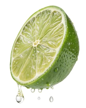 A juicy half-cut lime with vibrant green pulp and fresh juice droplets, isolated on white background. Perfect for citrus fruit, fresh food, and tropical concepts.