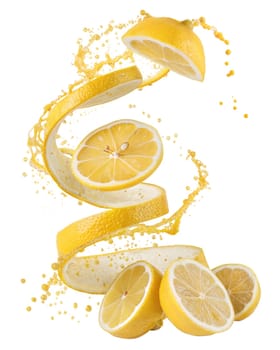 Fresh lemon slices with a dynamic juice splash, isolated on white background. Perfect for citrus, refreshing drinks, and healthy food concepts.