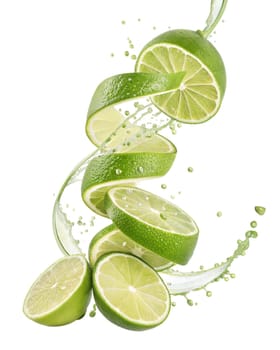 Fresh lime slices with a dynamic juice splash, isolated on white background. Perfect for citrus, refreshing drinks, and healthy food concepts.