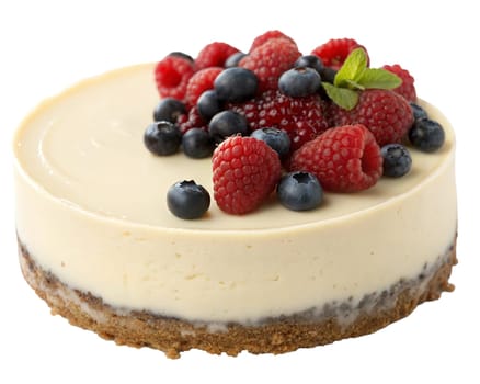 Creamy cheesecake topped with fresh raspberries, blueberries, and mint, isolated on white background. Perfect for dessert, bakery, and gourmet food concepts.