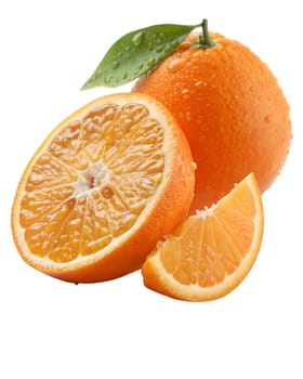 Fresh orange with a cut half and slice, covered in natural droplets, isolated on white background. Ideal for food, drinks, and healthy lifestyle concepts.