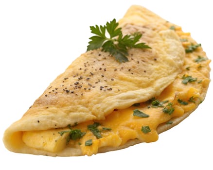 Fluffy golden omelet filled with melted cheddar cheese, garnished with parsley and black pepper, isolated on white background. Perfect for breakfast and healthy eating concepts.