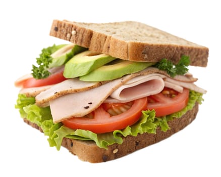 A fresh sandwich with whole grain bread, turkey, avocado, lettuce, tomato, and parsley, isolated on white background. Perfect for healthy eating and lunch concepts.