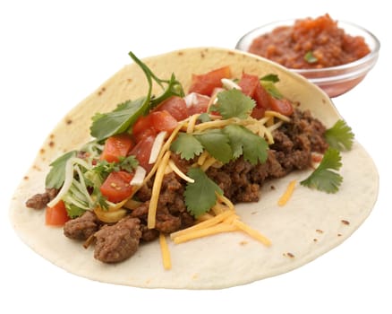 Soft corn tortilla filled with seasoned beef, cheddar cheese, fresh tomatoes, cilantro, and shredded lettuce, isolated on white background. Perfect for Mexican food lovers and restaurant menus