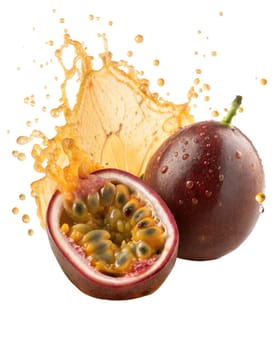 Juicy passion fruit with vibrant pulp and natural juice splashes, isolated on white background. Perfect for exotic food, tropical drinks, and healthy lifestyle themes.
