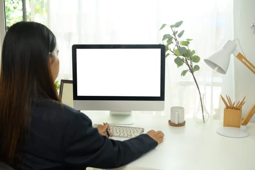 Back view of young businesswoman working on computer in a bright home office.