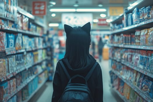 A rear view of a teenage girl in black clothes with cat ears on her head walking between shelves in a store.