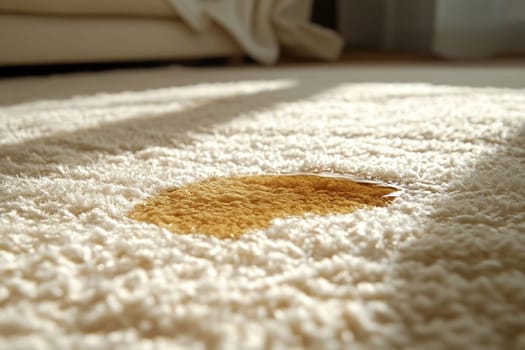 Dirty brown stain from coffee or tea on white carpet