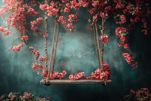 An arch of pink flowers over an empty wooden swing.