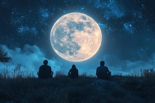 Two men and one woman watch a huge moon in the sky at night.