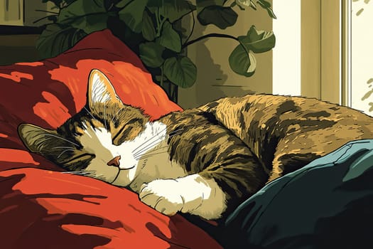 Drawing of a cat sleeping sweetly on its owner's bed.