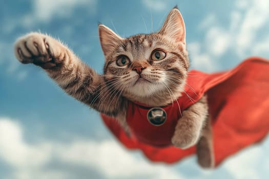 A grey cat in a red superhero cape flies in the sky with one paw outstretched.