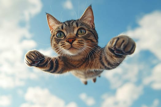A cat with its paws outstretched flies down against a blue sky.