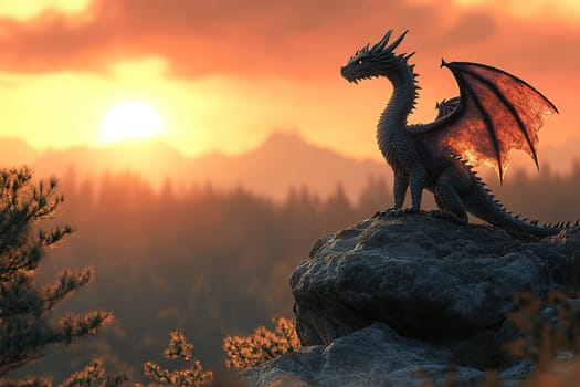 A magical dragon stands on top of a mountain against the backdrop of a sunset over a forest.