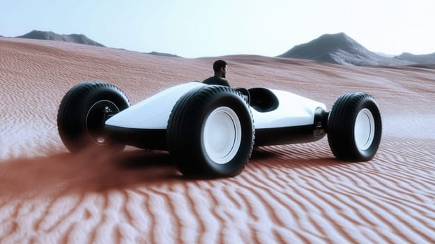 Man is driving a futuristic white buggy in the desert while kicking up sand. The sun is setting in the background, creating a warm glow