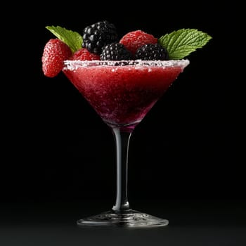 A stunning cocktail in a martini glass boasts a deep berry color, topped with fresh raspberries and blackberries.