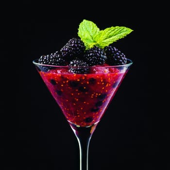 A vibrant alcohol cocktail served in a sleek martini glass is topped with fresh blackberries and mint leaves.