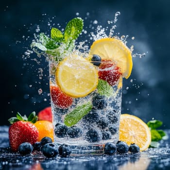 Healthy infused water is created by adding fresh lemon slices and berries to sparkling water, resulting in a vibrant splash as the bubbles rise.