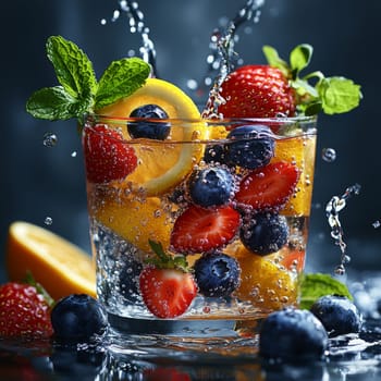 Vibrant citrus and berries create a refreshing blend in a glass of healthy infused sparkling water, with droplets splashing and mint leaves adding a fresh touch. Enjoy this delightful drink.