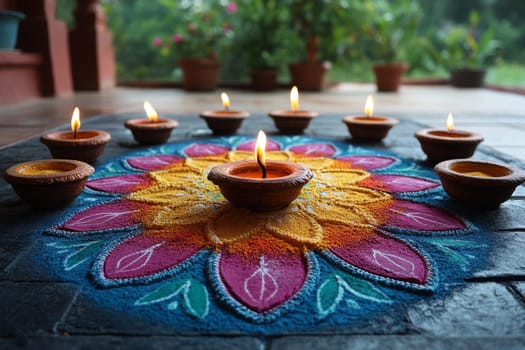 Brightly colored rangoli pattern features intricate designs with diyas placed around it, celebrating a Hindu festival that highlights the vibrancy of Indian culture and tradition.