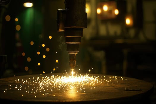 A drill is engaged in a metal-cutting task, sending sparks flying in a dimly lit workshop. Soft lights create a warm atmosphere around the busy workspace.