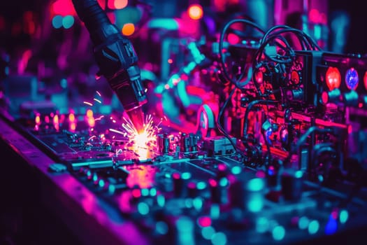 A high-tech welding tool creates bright sparks as it works on intricate circuitry. The workshop is illuminated with colorful lights, revealing a complex array of machinery and cables.