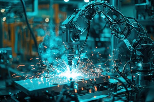 A robotic arm is engaged in welding on a metal surface, emitting bright sparks and smoke in a high-tech manufacturing environment. The setting highlights automation and precision engineering.
