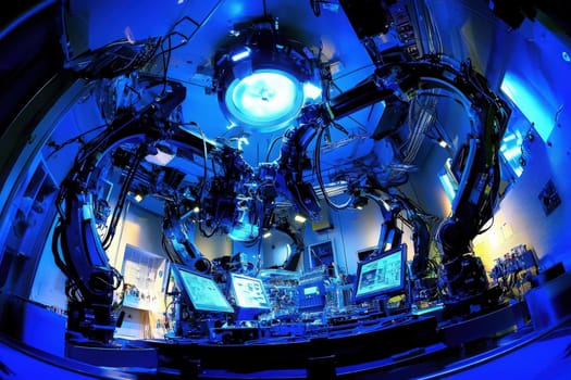 Advanced robotic arms with multiple joints are positioned around a center workstation in a high-tech laboratory.