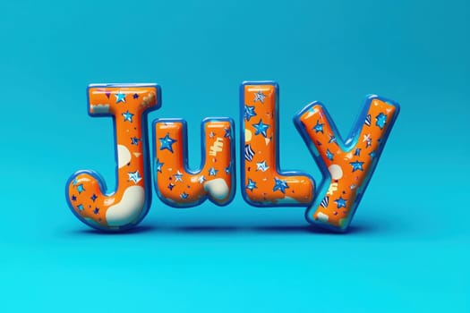 Bright orange letters spelling July are adorned with stars and whimsical patterns against a striking blue backdrop, evoking a cheerful summer vibe perfect for celebrations.