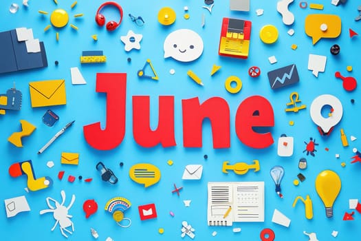 Colorful items representing June are arranged on a bright blue background. The month is highlighted in bold red letters, complemented by various shapes symbolizing creativity and organization.