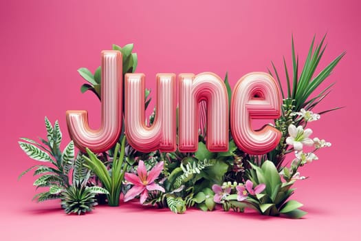 Bright letters spell June, surrounded by lush tropical plants and colorful flowers against a pink background, celebrating the arrival of summer with a cheerful vibe.