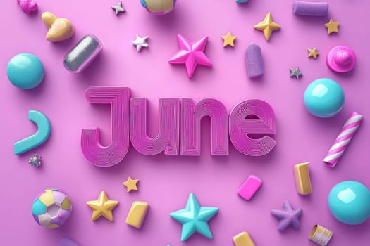 Bright and vibrant June decorations arranged on a soft pink background. Various playful shapes and textures surround the bold lettering, creating a cheerful and festive atmosphere perfect for summer.