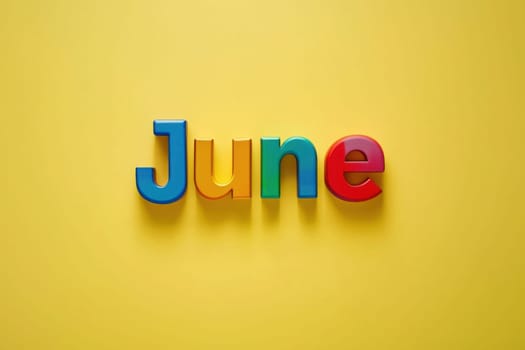 The colorful letters forming the word June are displayed prominently on a vibrant yellow surface, evoking a sunny and joyful feel, perfect for summer themes or celebrations.