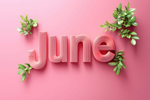 Bold lettering spells out June in a decorative style with leafy greenery framing the text against a soft pink backdrop, evoking a fresh and lively summer vibe.